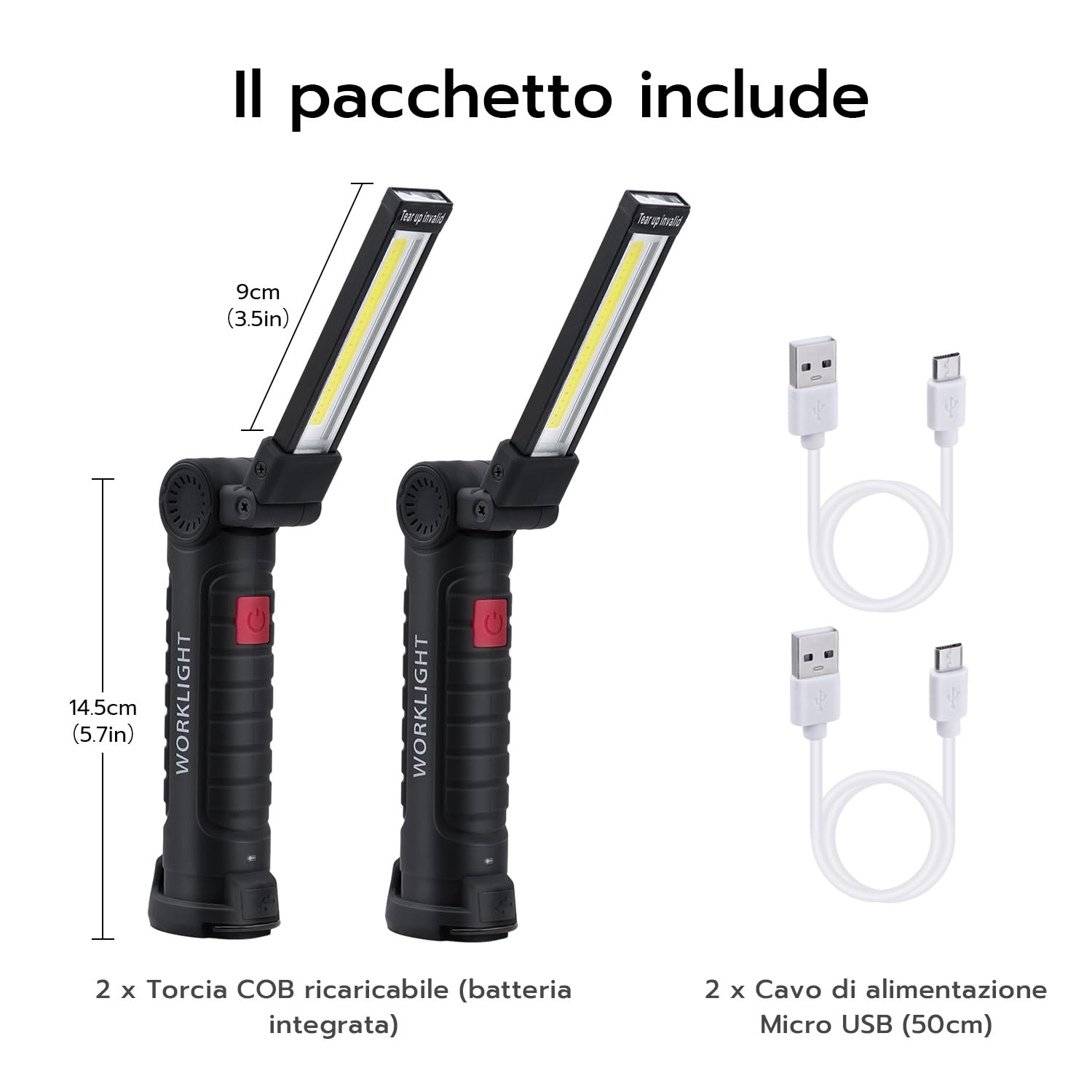 Wigearss 2 Pezzi Torcia Magnetica Ricaricabile USB Lampada da Lavoro Officina Luce LED COB Portatile