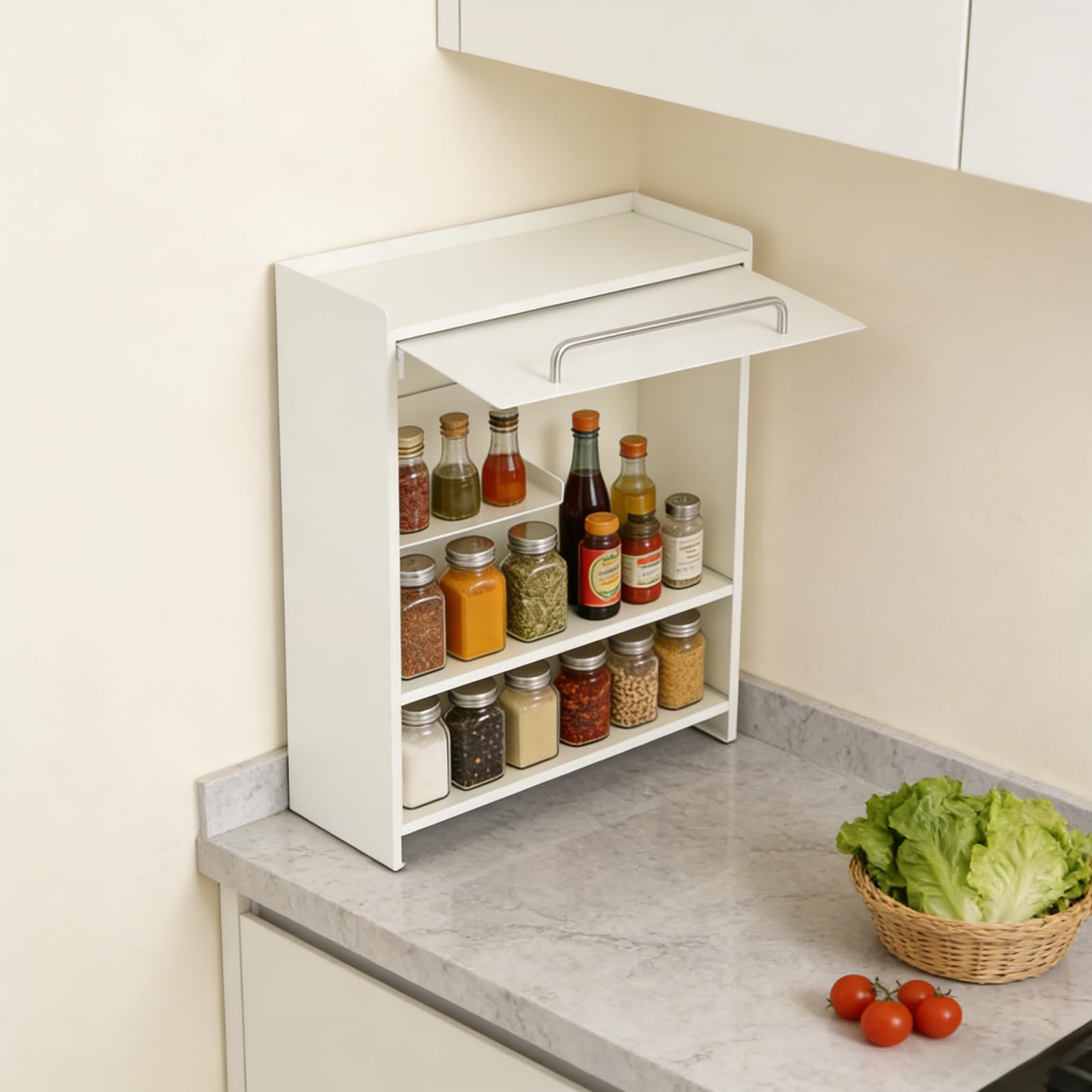 Platzsparendes Weißes Gewürzregal aus Eisen, Mehrere Fächer Küchenorganizer 37,5×16×49,5cm, Ideal für Gewürze, Becher & Küchenutensilien auf der Arbeitsplatte