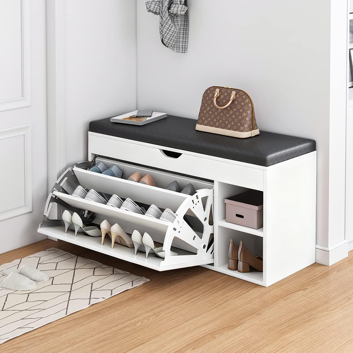 ihomemore Schuhschrank mit Türen und Sitzkissen – Moderne Schuhbank mit Stauraum und gepolsterter Sitzfläche für Flur, Eingangsbereich oder Garderobe 
