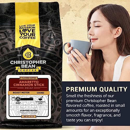 Christopher Bean Coffee - Amaretto Cinnamon Flavored Coffee, (Decaf Ground) 100% Arabica, No Sugar, No Fats, Made With Non-Gmo Flavorings, 12-Ounce Bag Of Decaf Ground Coffee #TOP4