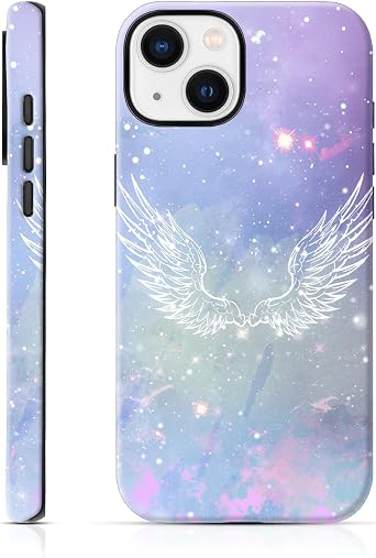 for iPhone 15 Plus Case White Wings on Purple Starry Sky Pattern Shockproof Scratch Resistant 2 - Layer Hard Shell Case for Fantasy Enthusiasts