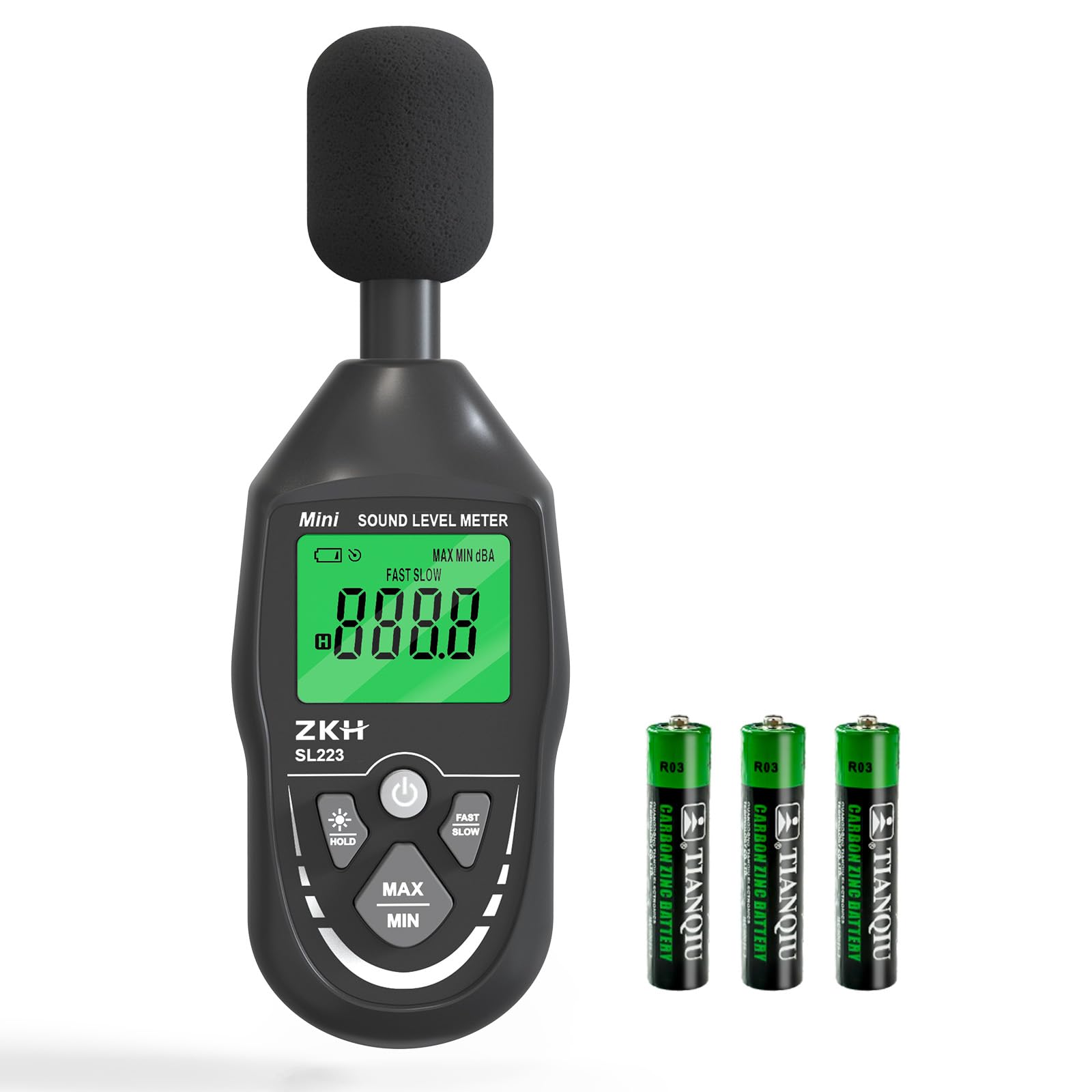 ZKH Cyfrowy miernik dźwięku, przenośny miernik dźwięku 30-130dB, ekran LCD, ważony A, częstotliwości 30-8KHz, rozdzielczość 0,1dB, dokładność ±1,5 dB, Max/Min/Hold funkcja, do domu, fabryki, głośny