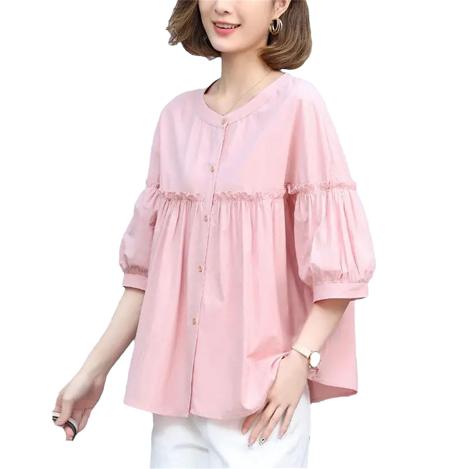 Camicette da donna con volant impiombati con bottoni per donne casual pieghe allentate maniche a lanterna camicette top