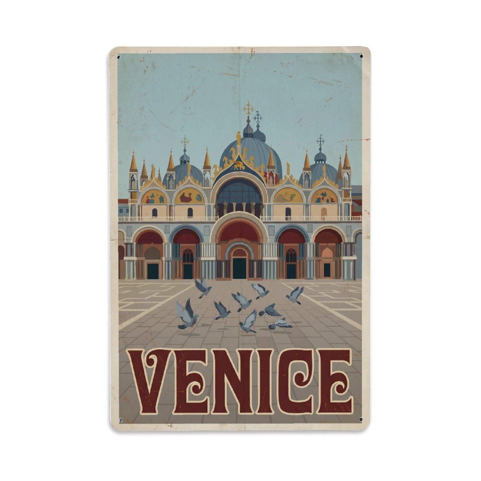 Vintage Travel Venice St Mark Square Basilica Rusted Italy Metal Tin Sign Plaque Wall Decor for Cafe, Club Bar, Office, Home Garden Metal Poster 8x12Inch