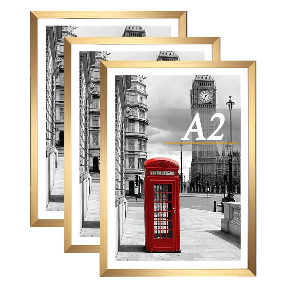 A2 Picture Frame 3 Pack, A2 Gold Picture Frames 42 x 59.4cm, A2 with Freestanding and Wall Mountable