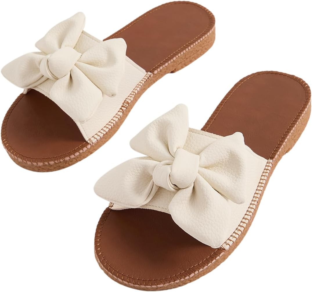 Verdusa Women's Bow Knot Flat Sandals Open Toe Slides Leather Summer Slippers