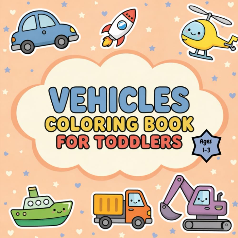 Vehicles Coloring Book for Toddlers 1-3: 45 Fun and Easy Big Coloring Pages with Cars, Trucks, Trains, Planes, and More for Kids Ages 1–3