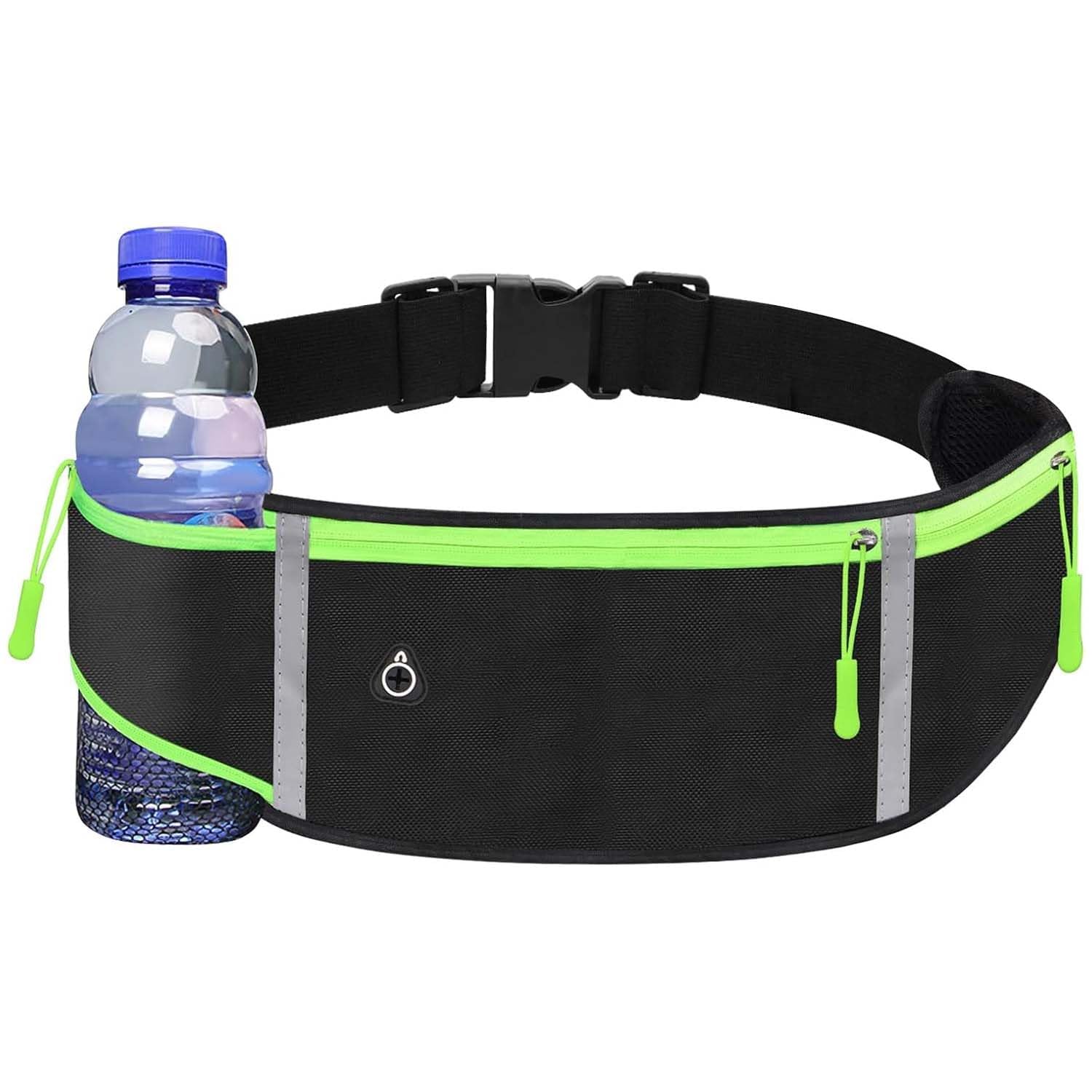 Slim Running Belt Waist Pack with Bottle Holder – Waterproof Reflective 3-Pocket Sports Fanny Pack for Men & Women, Adjustable Strap Phone Holder for Running, Gym, Hiking & Cycling