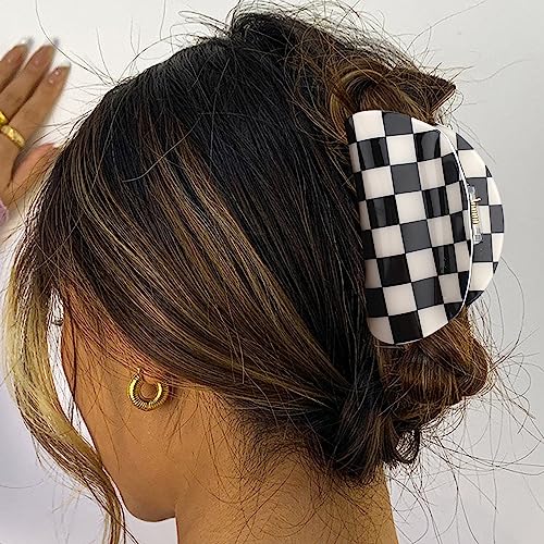 Chanaco Pinza para el cabello a cuadros tamaño grande con diseño de bandera de carreras, para cabello grueso, colores negro y marrón miniatura 3