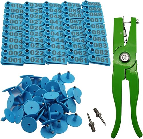 Etiqueta de oreja de oveja 001-100, etiquetas de plástico para ganado, cabra con aplicador de punzón, herramientas de alicates y 2 pines de etiqueta