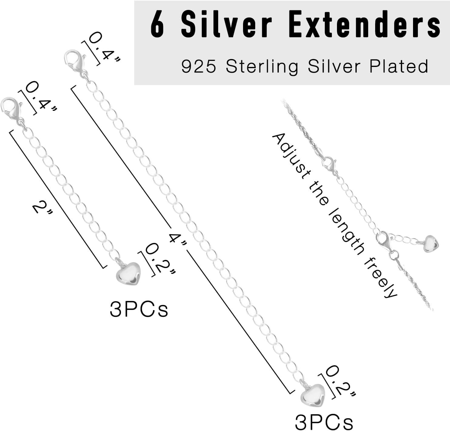 6Pcs Silver Necklace Extenders for Women, Fadeless, Hypoallergenic Bracelet Chain Extenders Set, Extensions 2", 4" Inches (Sterling Silver Plated (6Pcs)) - Image 2