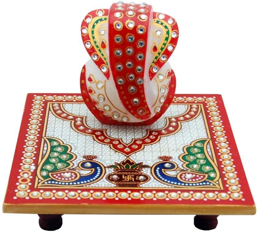 Marble Chowki with Ganesha Idol (8 cm x 8 cm x 8 cm, White)