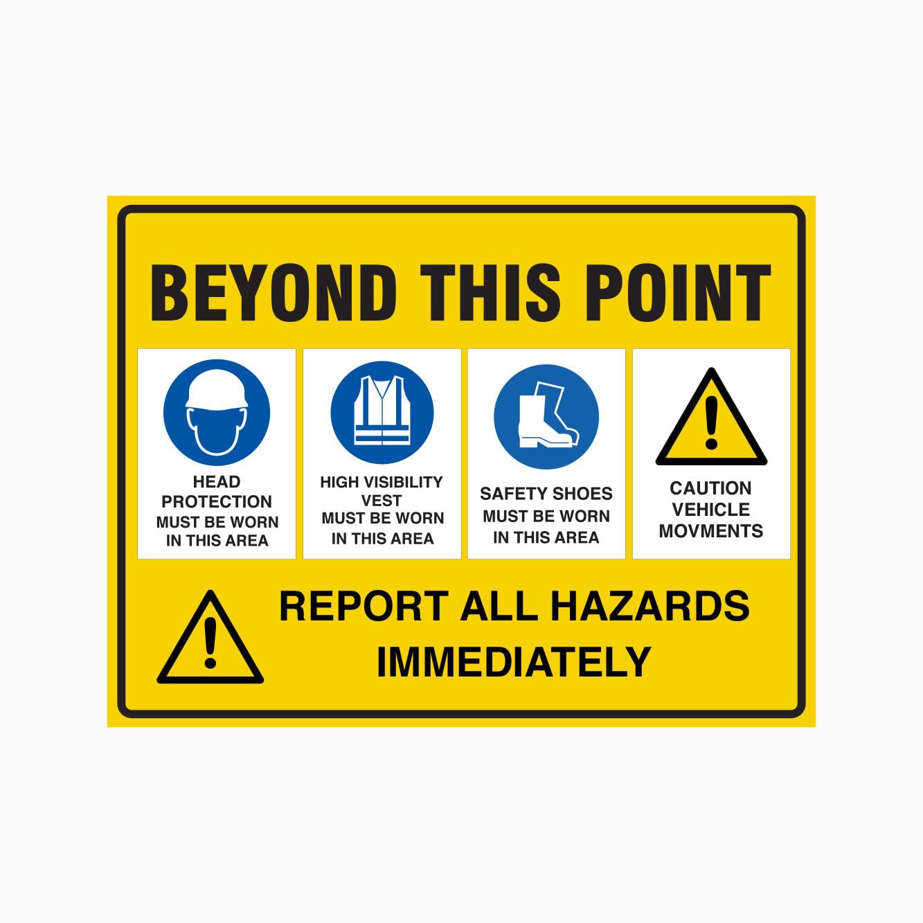 BEYOND THIS POINT REPORT ALL HAZARDS IMMEDIATELY Sign, 12x8 Metal Tin Sign, rule for timely hazard reporting.