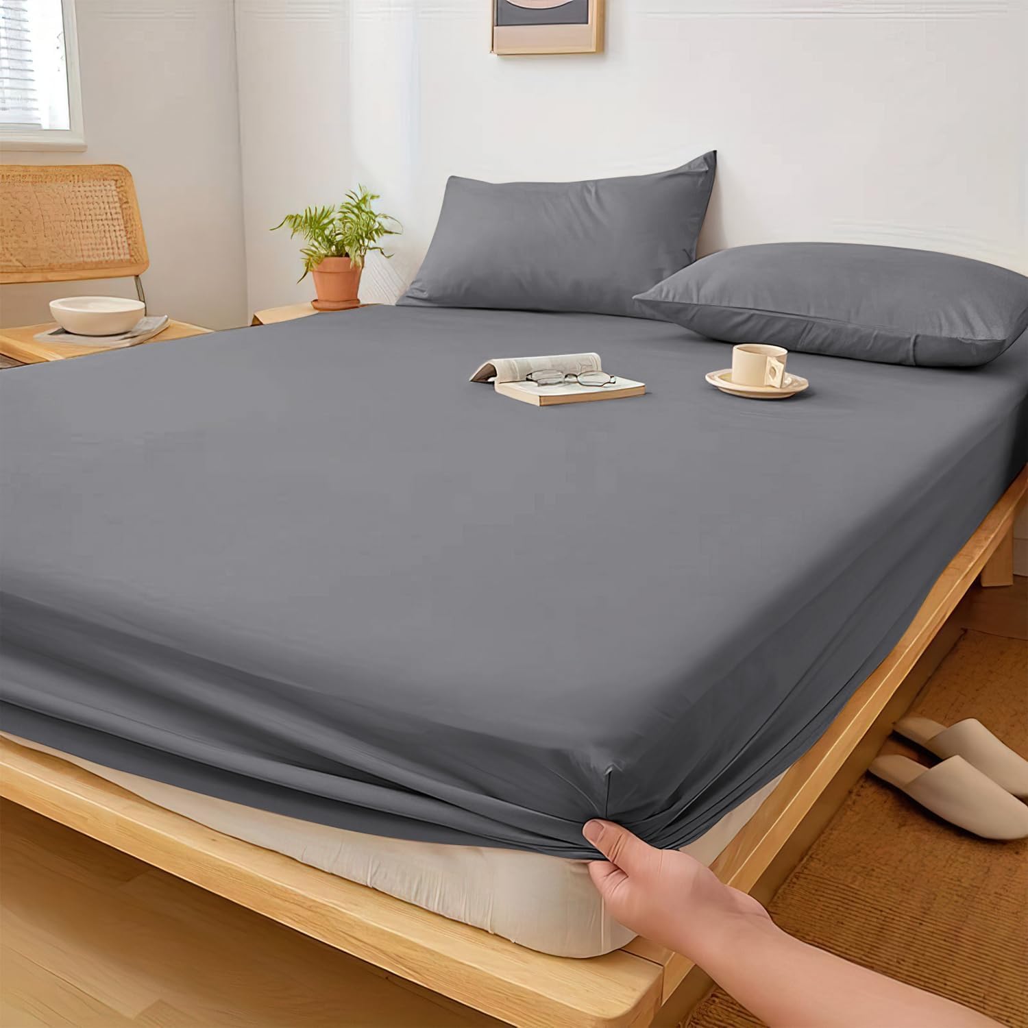 40cm Extra Deep 100% Brushed Cotton Flannel Fitted Sheet Thermal Soft Feel Fabric Breathable Anti Wrinkle Stain Resistant White Bed Sheets Grey Single Double King SuperKing Size (Grey, Super King)