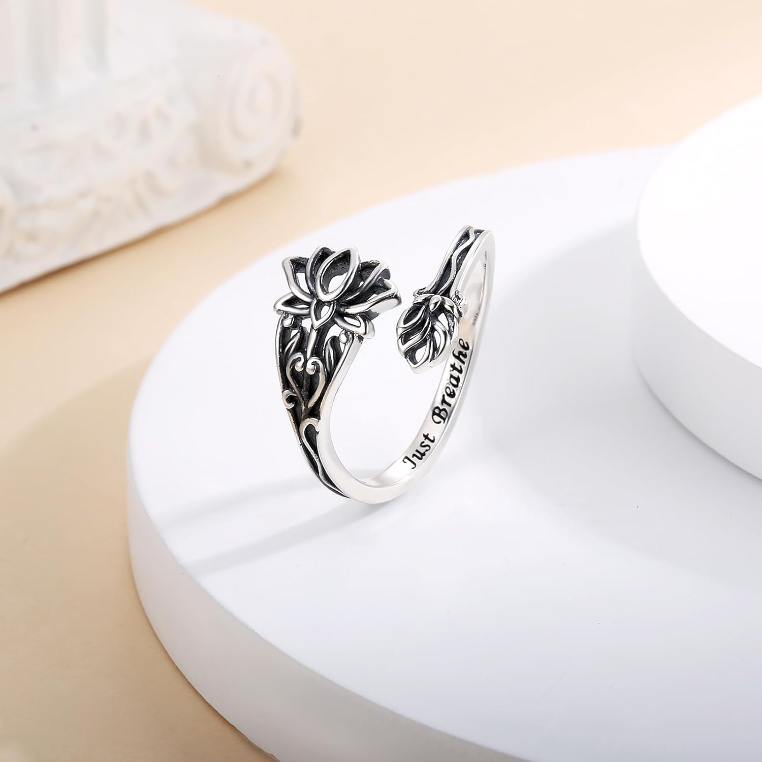 Just Breathe Lotus Spoon Rings 925 Sterling Silver Adjustable Thumb Ring Inspirational Lotus Ring Encouragement Jewelry Gift for Women - Image 4