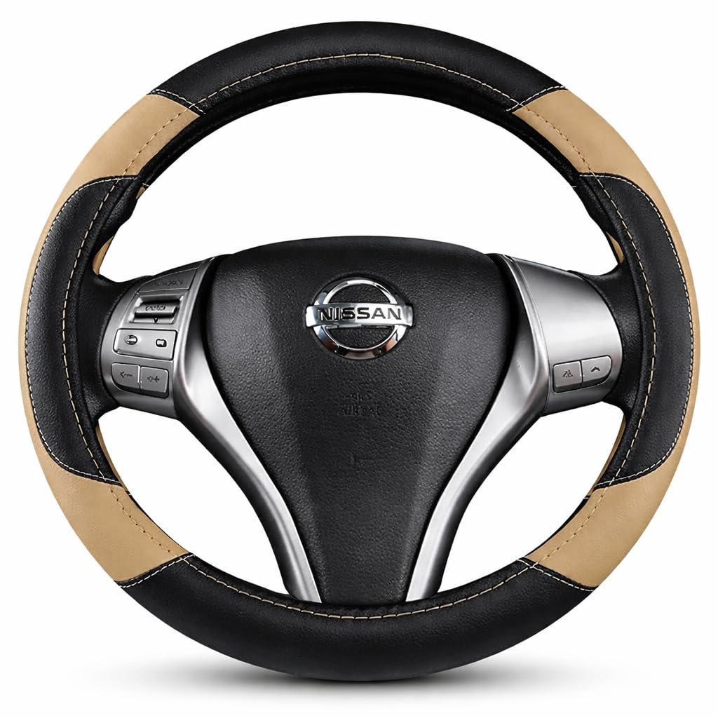 Auto Oprema Car Steering Wheel Cover Leather Look | Black Beige dcut-113 | Anti-Slip Grip, Sweat Resistant, Heat Proof | Universal Fit | Premium Interior Car Accessory for Tata Nano-image-48