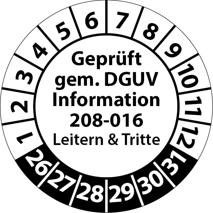Prüfplakette Geprüft gemäß DGUV Information 208-016 Leitern und Tritte, Prüfaufkleber, Prüfetikett, Plakette (30 mm Ø, Weiß, 100)