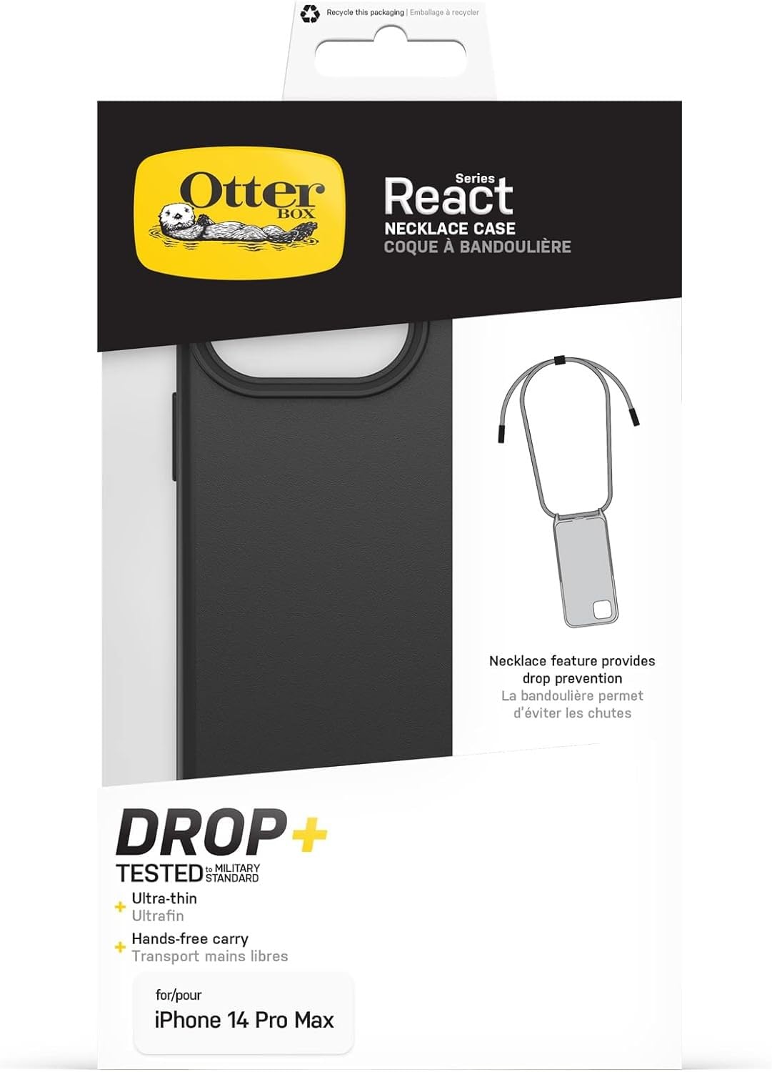 OtterBox Cover React Necklace con MagSafe per iPhone 14 Pro Max, Custodia sottile, antishock con cordone da collo, adattabile e intercambiabile, testata a norme MIL STD 810G, Nero