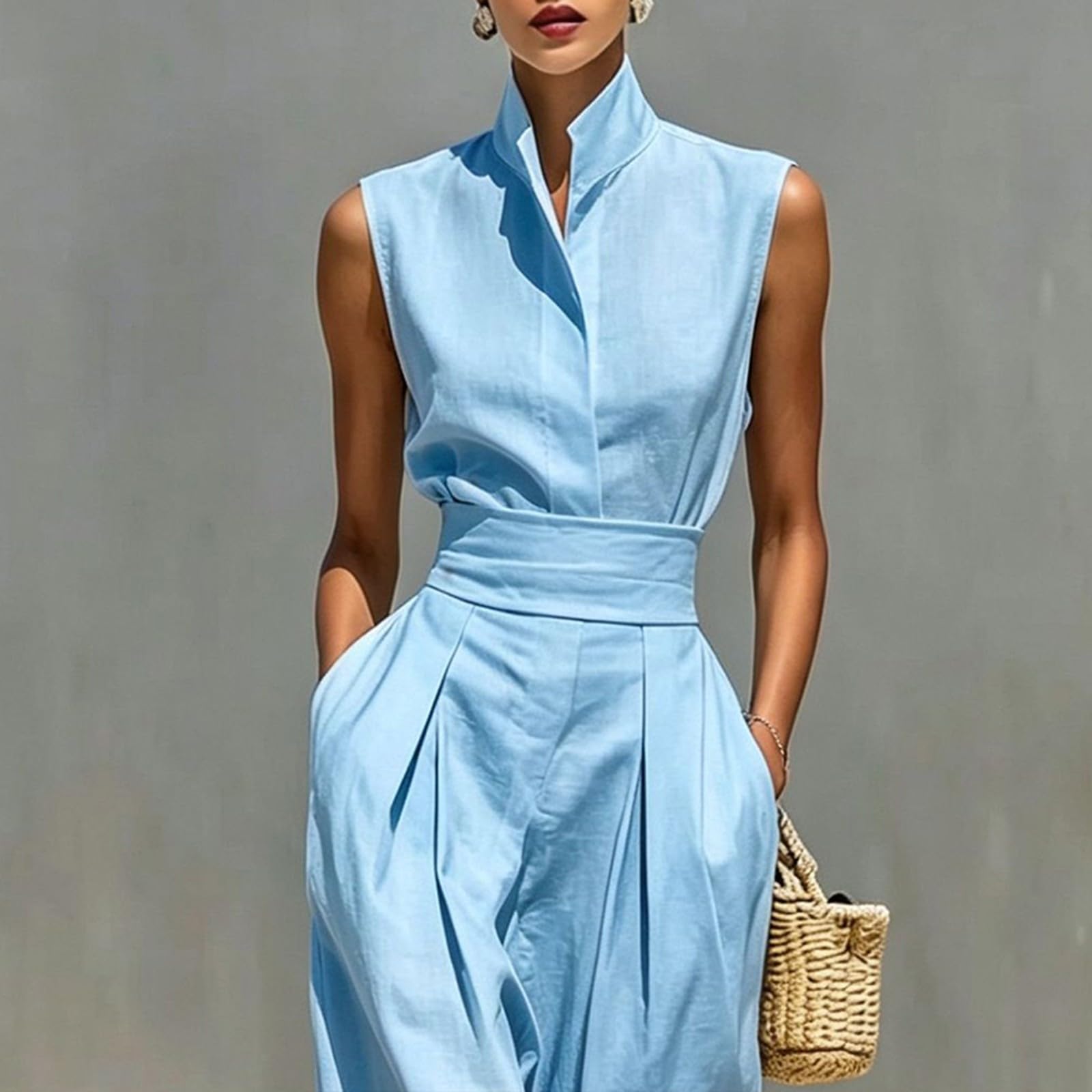 Generisch Tuta da donna elegante, estiva, senza maniche, per il lavoro | Tuta con pantaloni con tasche, tinta unita, colletto alto, tuta intera, a vita alta, a gamba larga, per matrimoni e feste