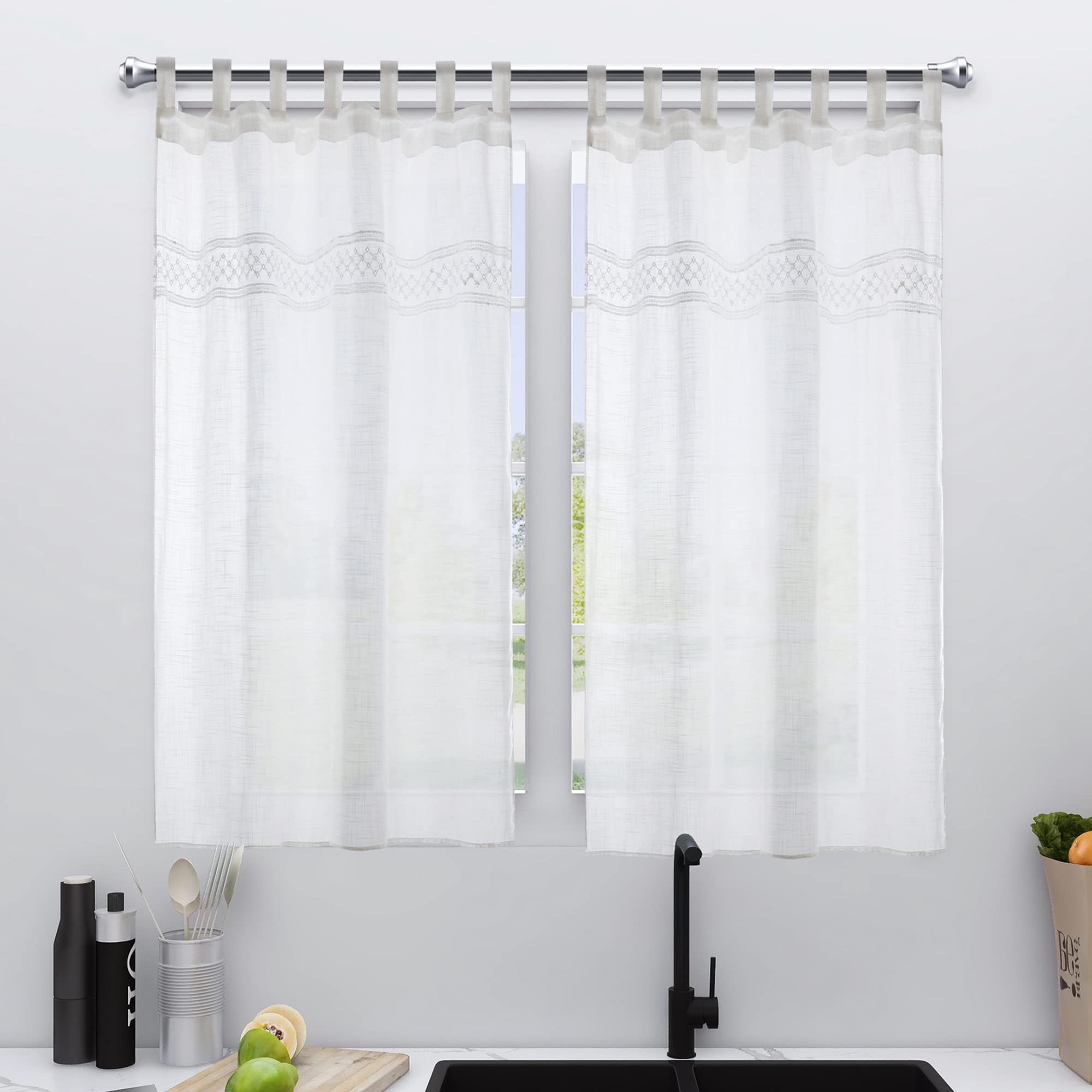 Dalina Textil - Cortina de Cocina Translúcido con Bordado, Visillo Transparente para Cocina, Comedor, Marco de Puerta 2 Piezas Tejido Gasa Fina con Bordaje Blanco 100x140cm