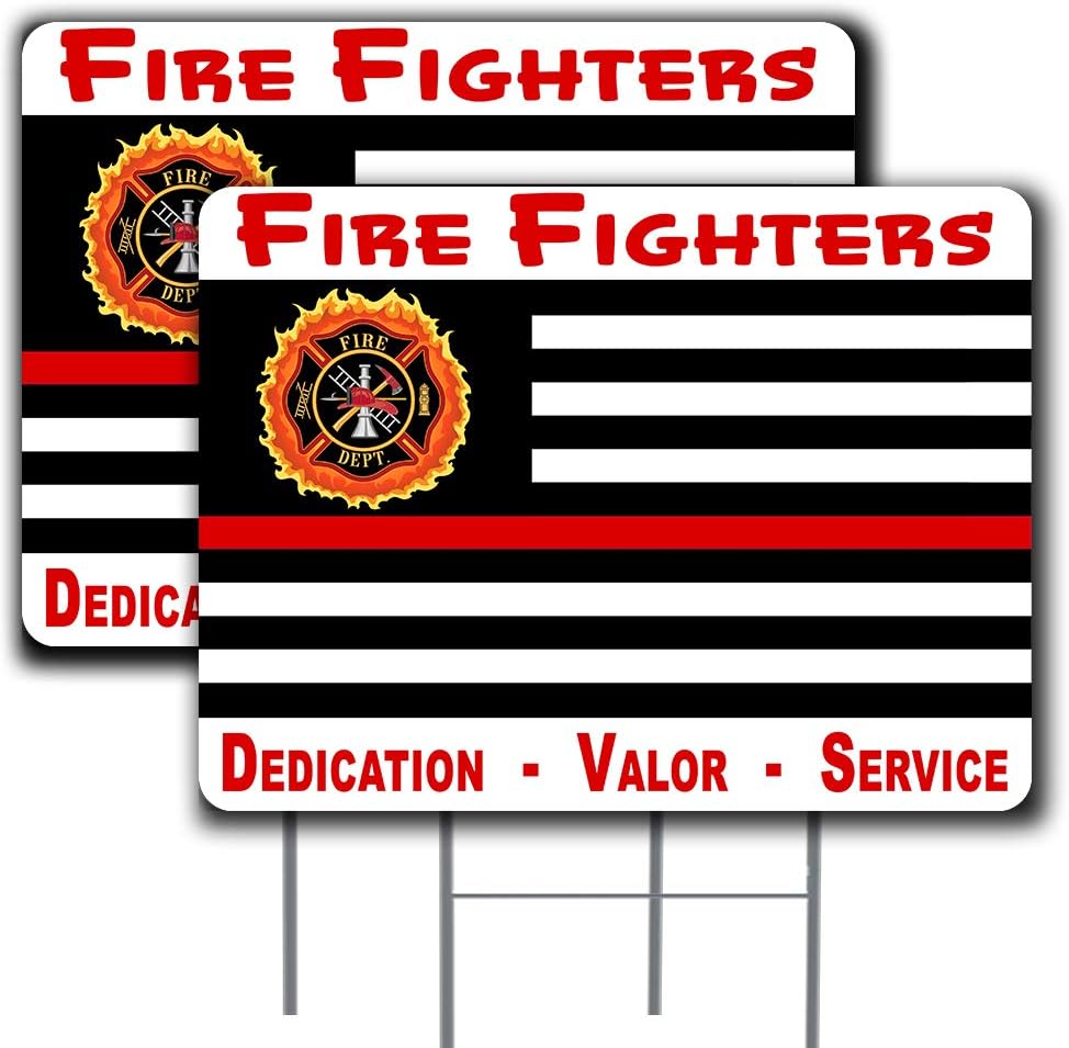 2 Pack Thin Red Line Flag Sign"Firefighters" 18" x 24" - Double-Sided Print, with Metal Stakes 841098176860