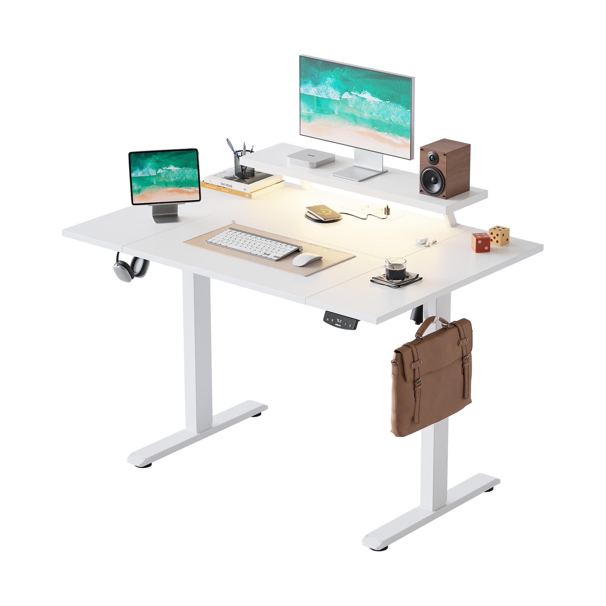 Agilestic Höhenverstellbarer Schreibtisch mit beweglichem Monitorständer, 120 x 80 cm Schreibtisch Höhenverstellbar Elektrisch, LED-Lichtleiste, USB Steckdose, Standing Desk, Computertisch, Weiß
