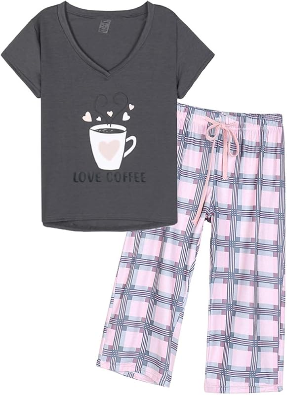 HONG HUI Conjunto de pijama capri para mujer, talla grande, con pantalones capri, juego de dormir de 2 piezas