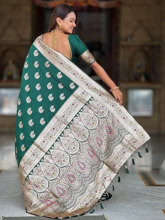 Image of Florely Women's Kanchipuram silk sarees Handloom Pure Golden Zari Saree For Women | Traditional Festive Wedding Party Saree | Ethnic Saree With Blouse Piece
