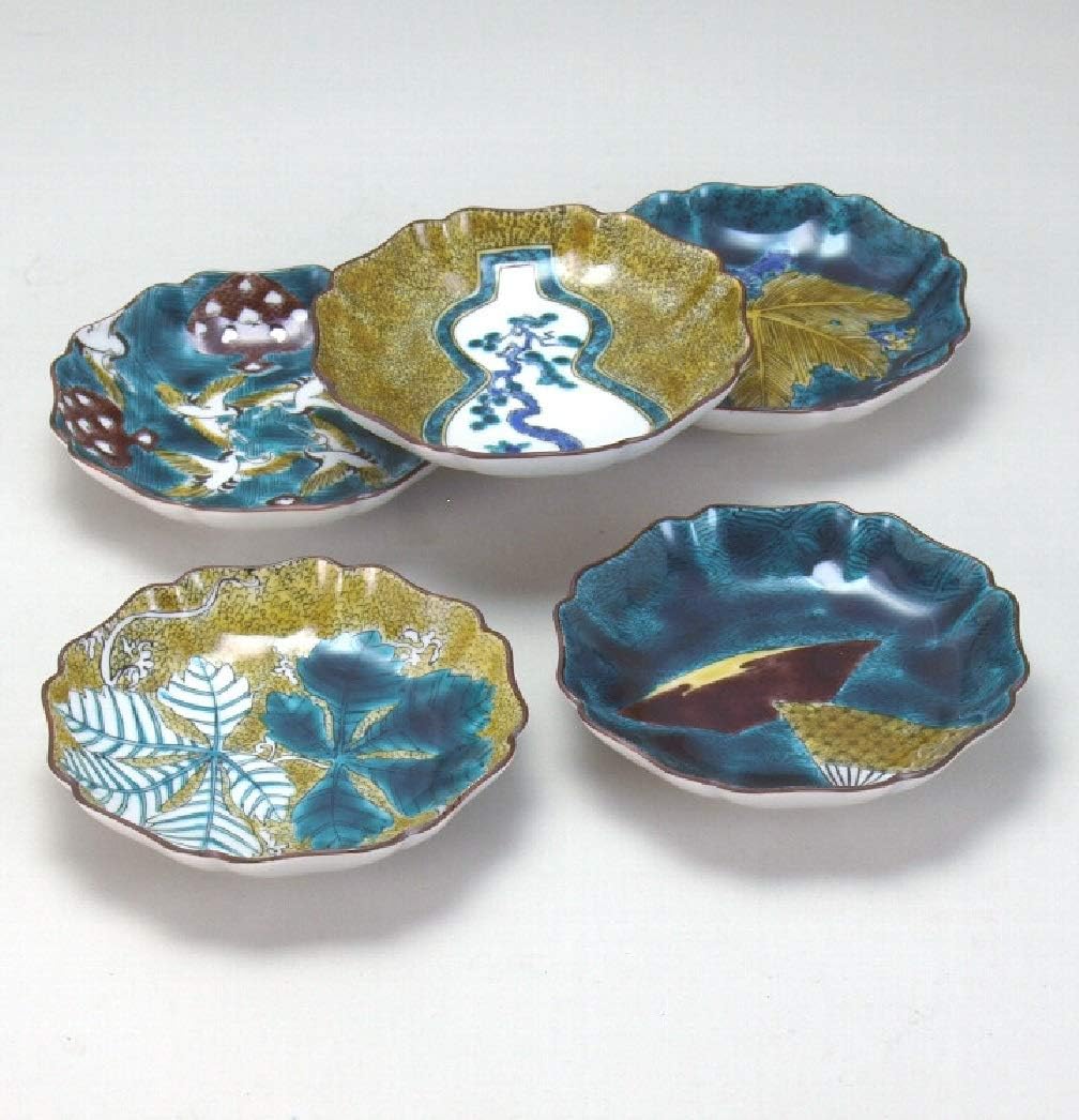 和食器　色絵　カブ形　銘々皿　五客　時代箱　V　8440 和食器 色絵 カブ形 銘々皿 五客 時代箱 V 8440