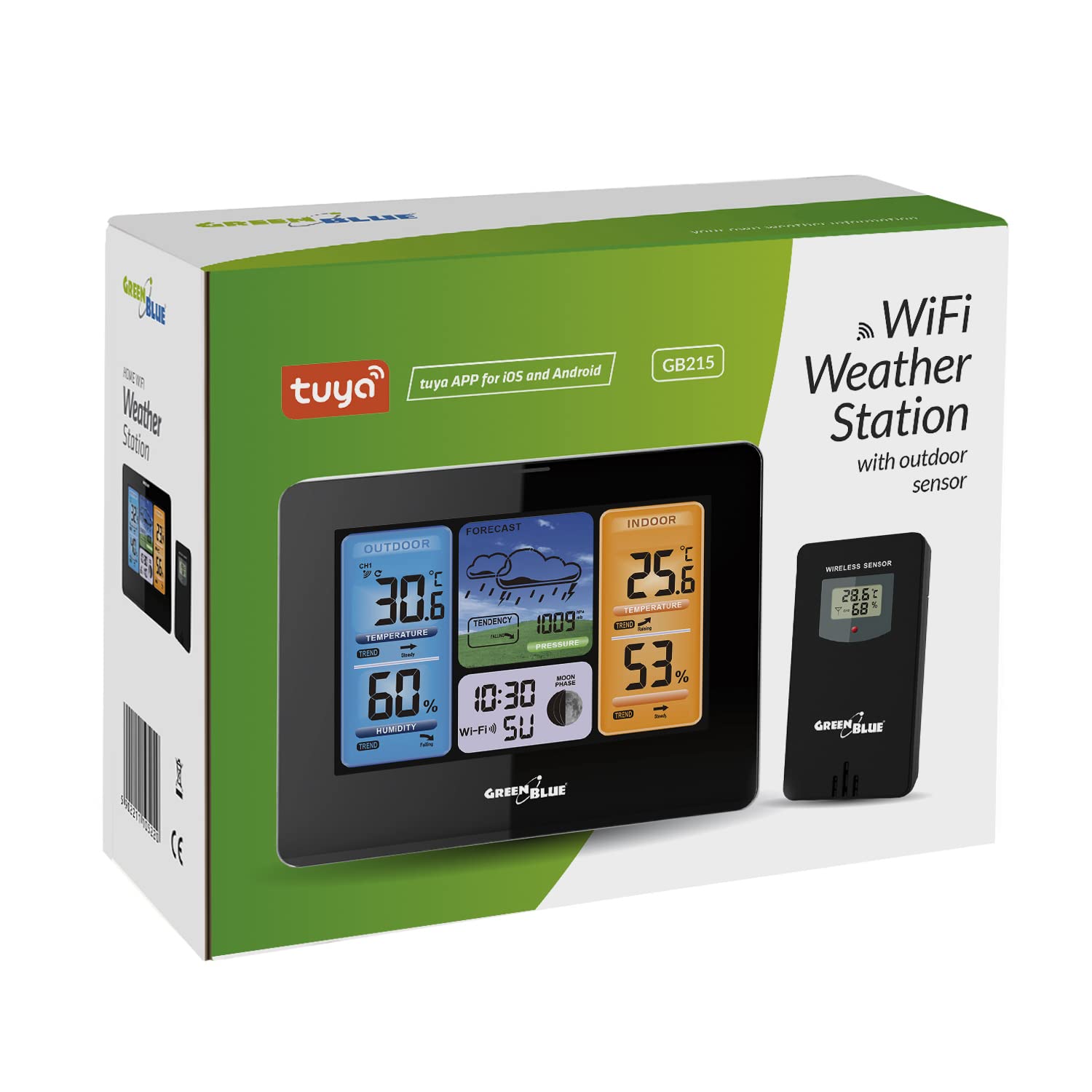 Green Blue GB215 Stazione meteo wireless con Wi-Fi compatibile con TUYA, Sensore esterno Calendario Pevisioni meteo Barometro