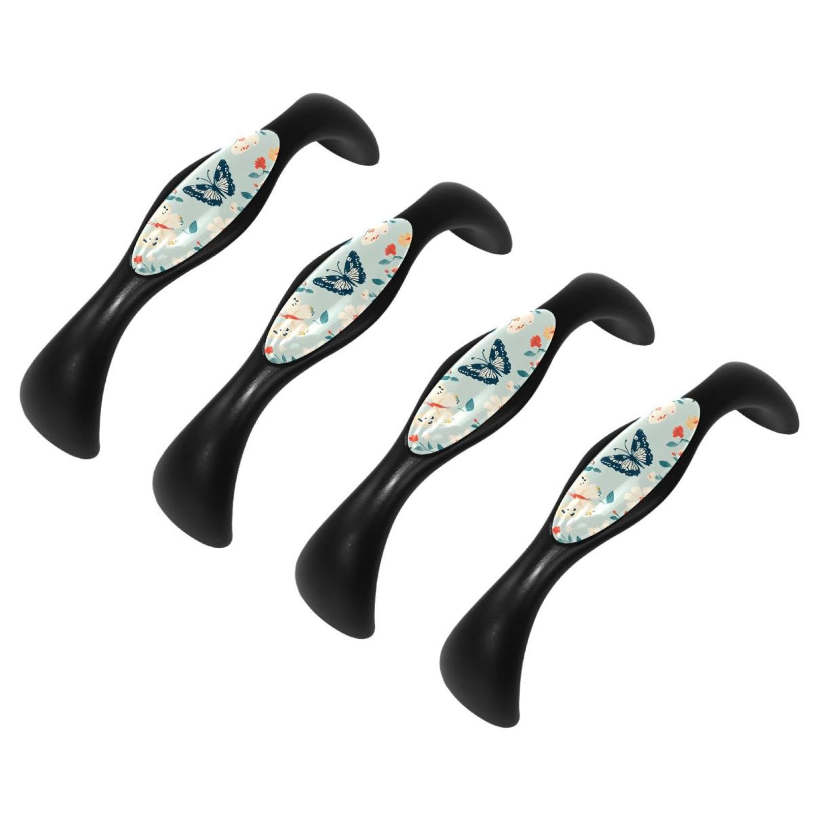 4 Pack Cabinet Drawer Pulls Handles Colorful Butterfly and Flower Green Background, Kitchen Hardware, Black Cabinet Handles, Drawer Dresser Pull for Closet Door Furniture Wardrobe