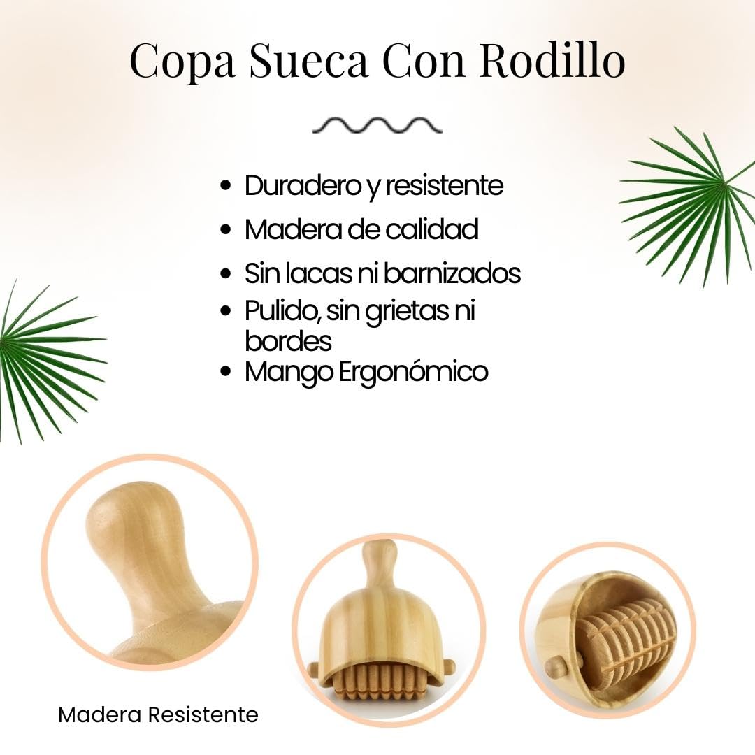 Copa Sueca con Rodillo | Maderoterapia Anticelulitis y Drenante | Copa Sueca y Rodillo para Masajes | Fabricada en Madera de Pino y Loto | Diseñada por Maderoterapia Estética España