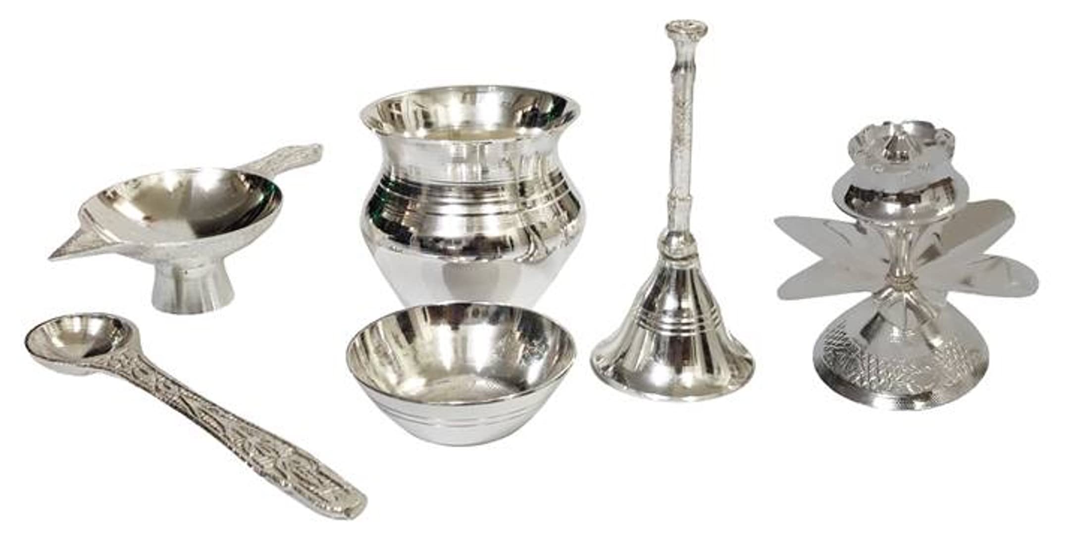 Purpledip Metal Puja Thali Set: Home Temple Decorative Platter with 7 Items in Velvet Gift Box, Silver (12595A) - Image 3 thumbnail