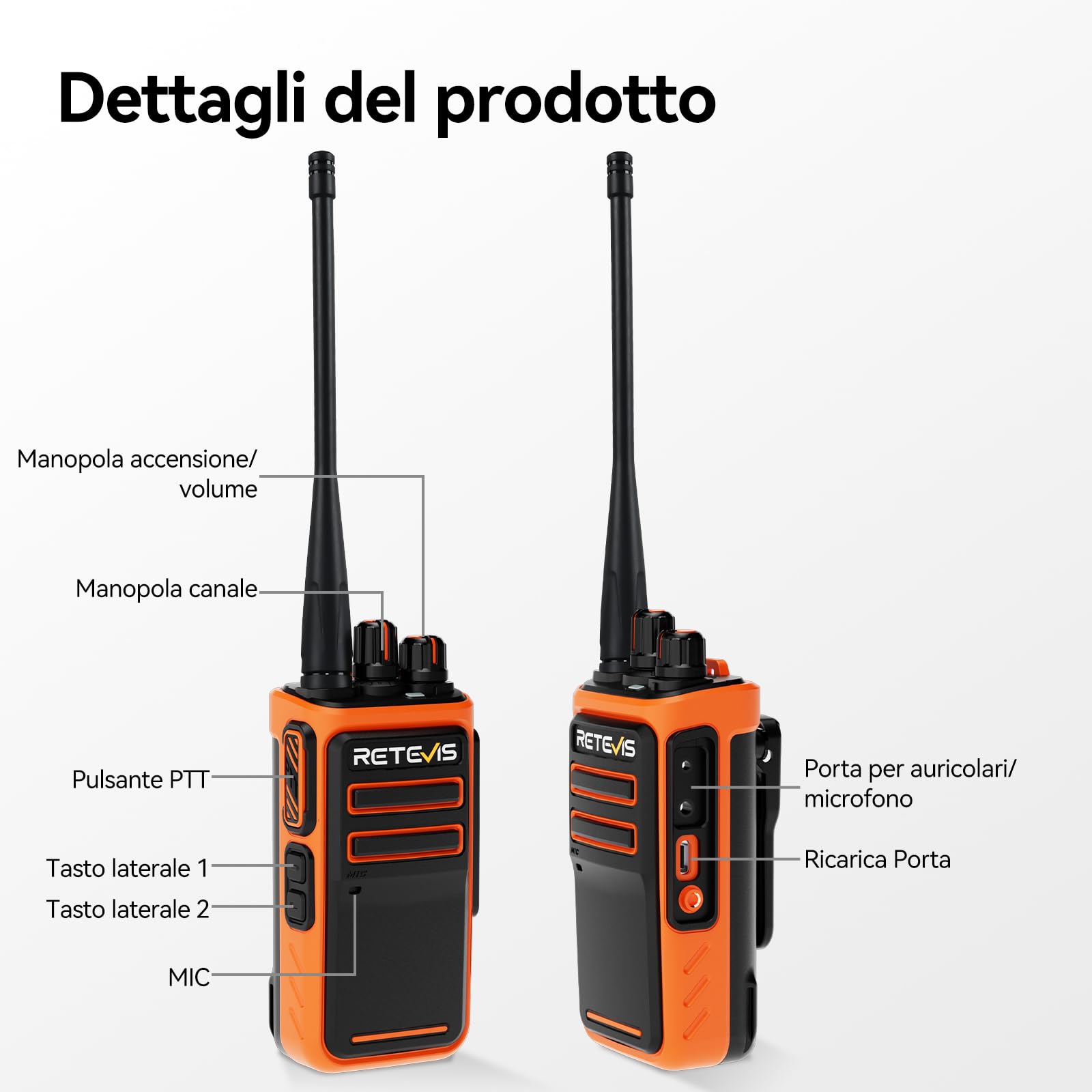 Retevis C66 Walkie Talkie Professionale, Ricetrasmittente Ricaricabile | Ricarica Rapida 100 Minuti, CTCSS/DCS, per Viaggi All'aperto, Arancione, 2 Pezzi