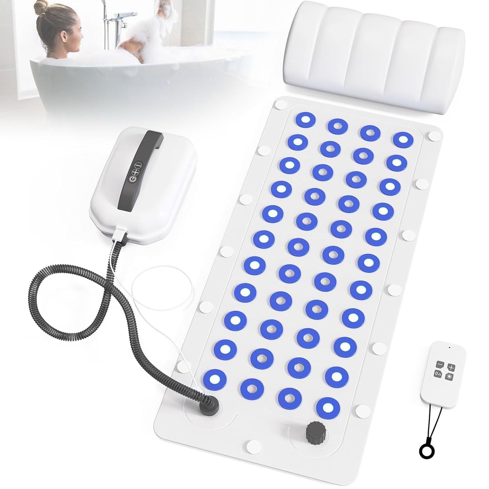 Tapis de bain moussant portable avec télécommande, 114 jets d'air et 6 niveaux d'intensité, ventouses antidérapantes ultra silencieuses pour baignoires lisses