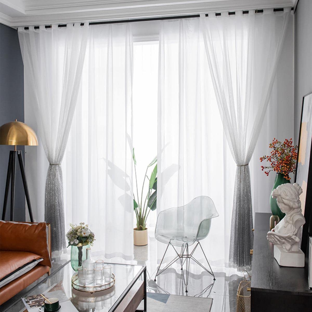 Paillette Style Dégradé Fenêtre Brillant Sheer Rideaux pour Salon Chambre Voile Dentelle Tulle-Blanc,W200xL265cm,Grommet