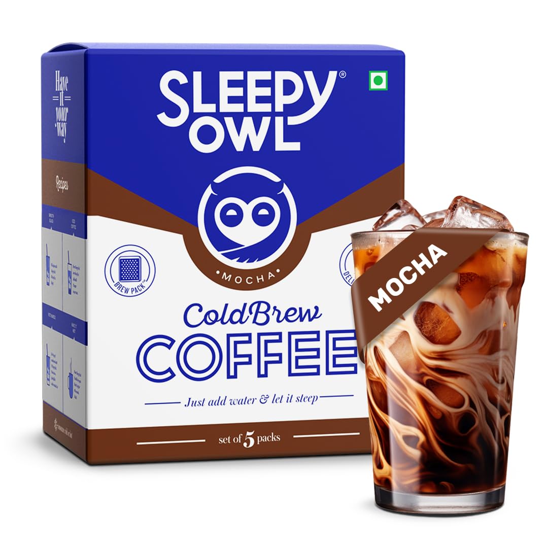 Sleepy Owl Mocha Cold Brew Coffee Bags | Set of 5 Packs - Makes 15 Cups | Easy 3 Step Overnight Brew - No Equipment Needed | Medium Roast | 100% Arabica | Directly Sourced From Chikmagalur