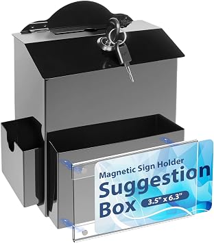 SAMYUCHO Metal Suggestion Box with Magnetic Sign Holder, Black Donation Box | 2 Extra Side Spaces, Wider 3.9in Slot for Convenient Drop, Secure Lock with 2 Keys, Wall Mounted or Tabletop, Diversified Use