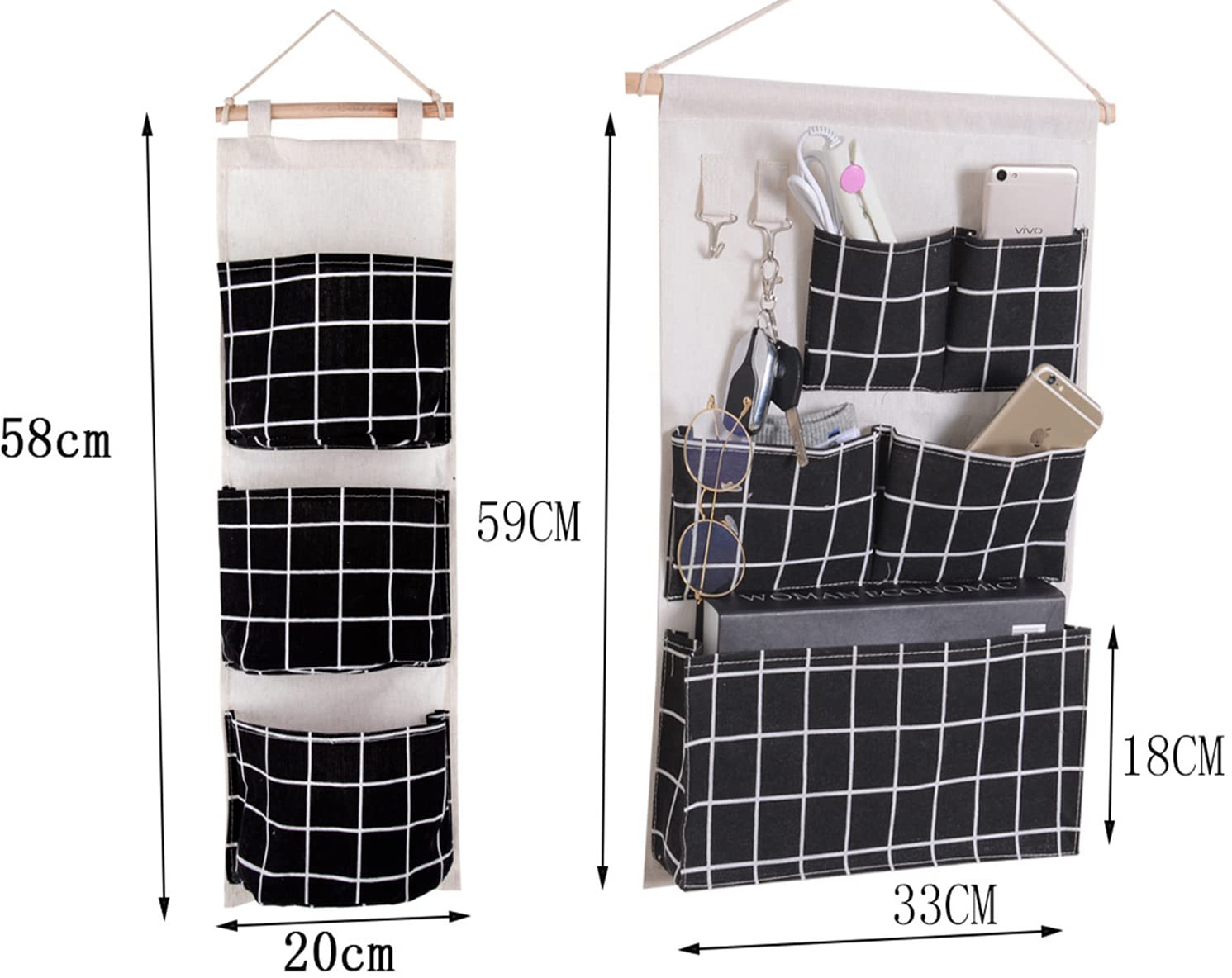 2 Sacs De Rangement Muraux En Lin Gris - Organisateur Avec Crochets Pour Chambre, Salle De Bain, Cuisine