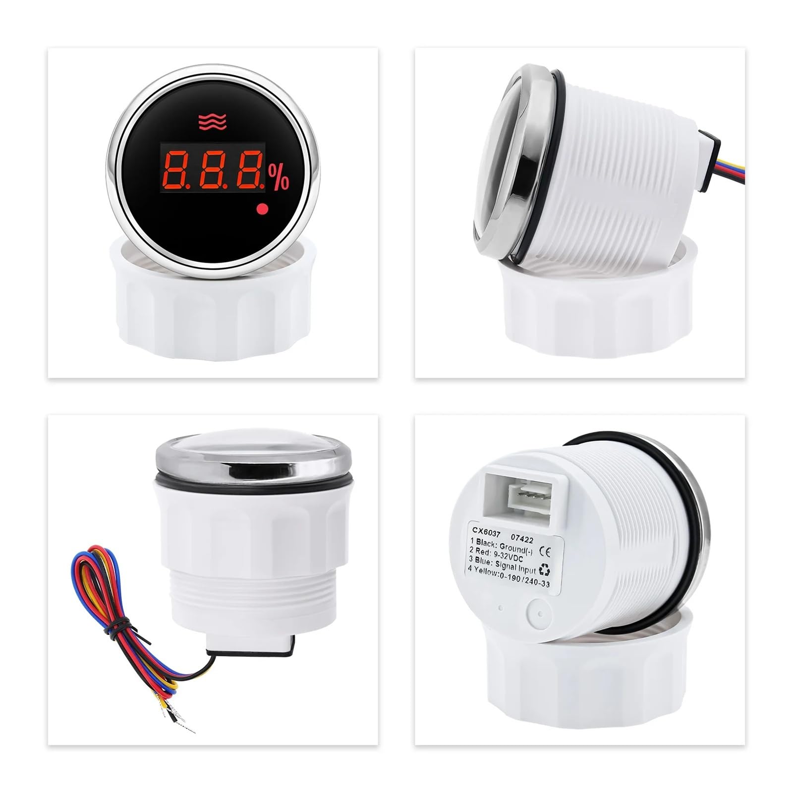 Jauge de niveau d'eau numérique rétro-éclairé rouge 0-100%, avec alarme 0-190ohm,240-33ohm, indicateur de réservoir d'eau 52mm Lectures claires(0-190 ohm BS)