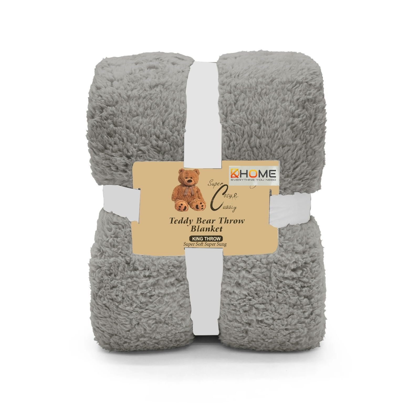 KD HOME Teddy Bear Double Throw Blanket, 200x240cm, Super Soft Fleece, Brown, Cosy and Cuddly (Silver, Double)
