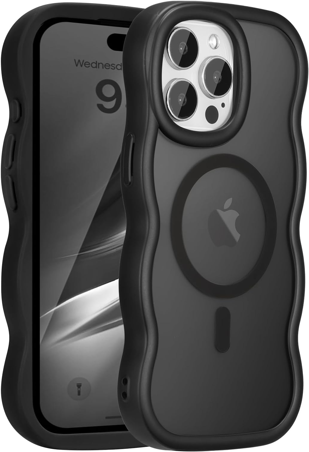 UEEBAI Magnetic for iPhone 13 Pro Max Case, Cute Cover Compatible with MagSafe, Transparent Clear Wave Design Wavy Frame Matte Phone Case- Black