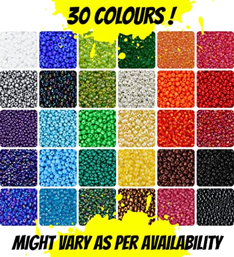 Image of INDIKONB 30 Colours 3 mm Seed Beads Jewellery Making Material - Includes Small Multicolor Seed Beads & Nylon Wire Thread