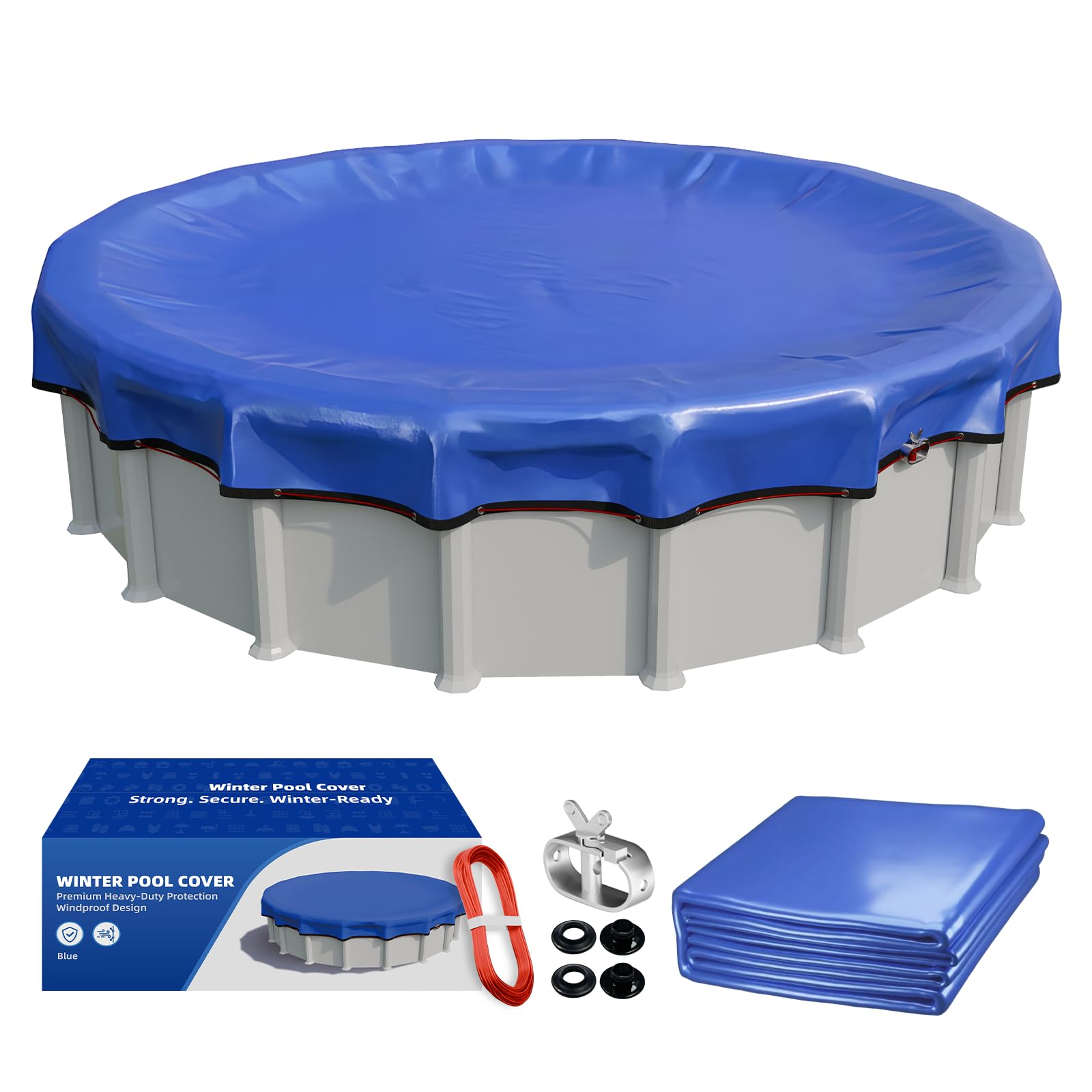 [Upgrade] 18ft/21ft/24ft Pool Cover for Above Ground Pools, 21 Feet Winter Round Swimming Pool Cover with 4 Foot Overlap Extra Thick 500D Cable & Heavy-Duty Winch 21 Foot Round Pool Covers