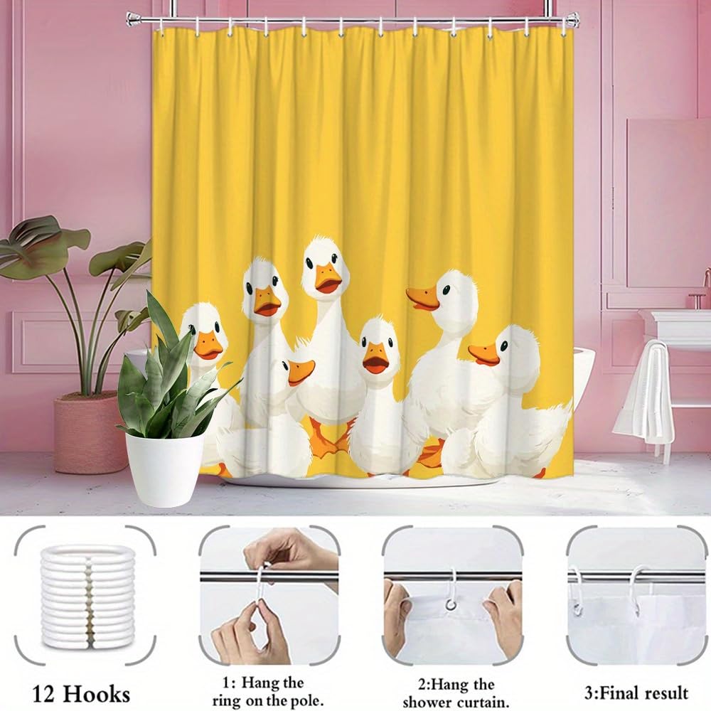1 szt. Figlarne białe kaczątka zasłona prysznicowa - jasne żółte tło wesoły minimalistyczny design, elegancka zasłona prysznicowa (244 x 183 cm (szer. x wys.)