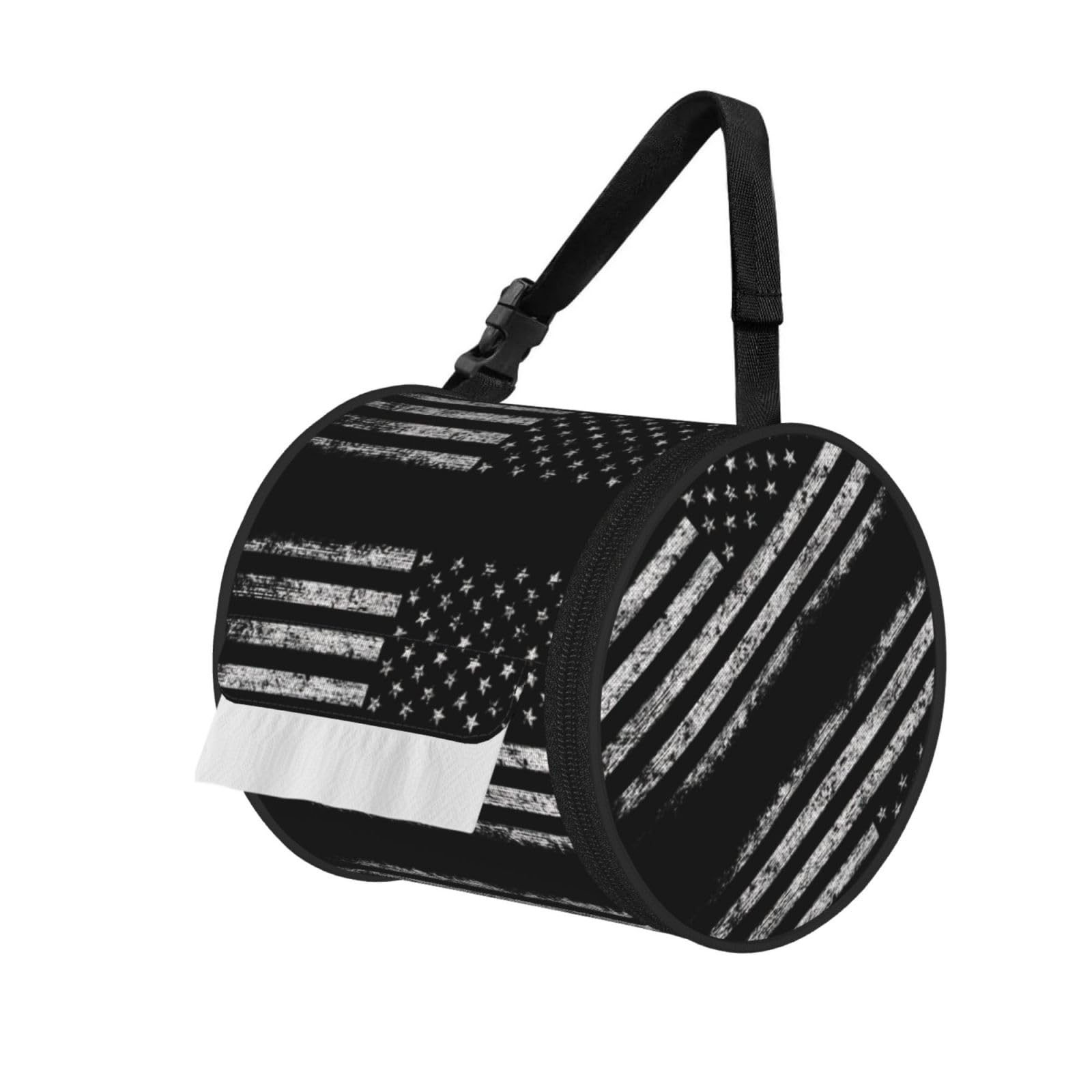 American Camouflage Print Round Paper Tissue Holder With Shoulder Strap, Portable Roll Case For Caravan Travel Use