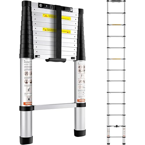 VEVOR Telescoping Ladder, 12.5 FT Aluminum One-button Retraction Collapsible Extension Ladder, 375 LBS Capacity with Non-slip Feet, Portable Multi-purpose Compact Ladder for Home, RV, Loft, ANSI Liste