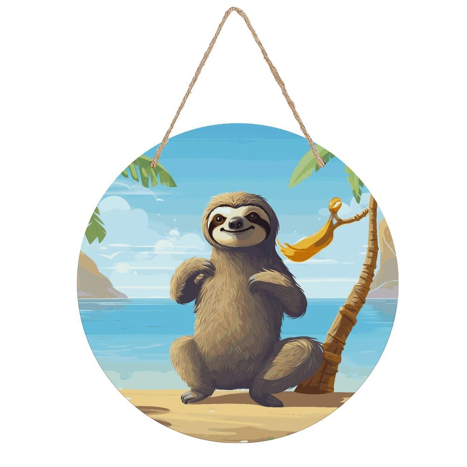 FekiLoot Sloth on Beach Wall Art Decor Rustic Welcome Sign Round Wood Hanging Sign Decoration Wood Plaque Door Hanger Wooden Signs Wall Hanging Decor Housewarming Gift for Home Outdoor Indoor