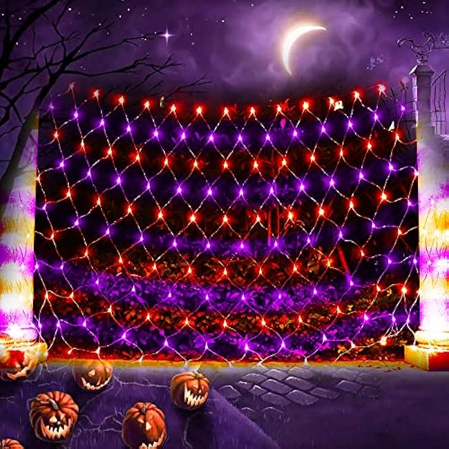 LED Net Light Halloween Decor Mesh Lights, Tree Warp Fairy Lights Outdoor Hanging String Light for Home, Bedroom, Christmas, Garden, Walkway, Bushes Decor-9.8ft x 6.6ft(Purple&Orange)