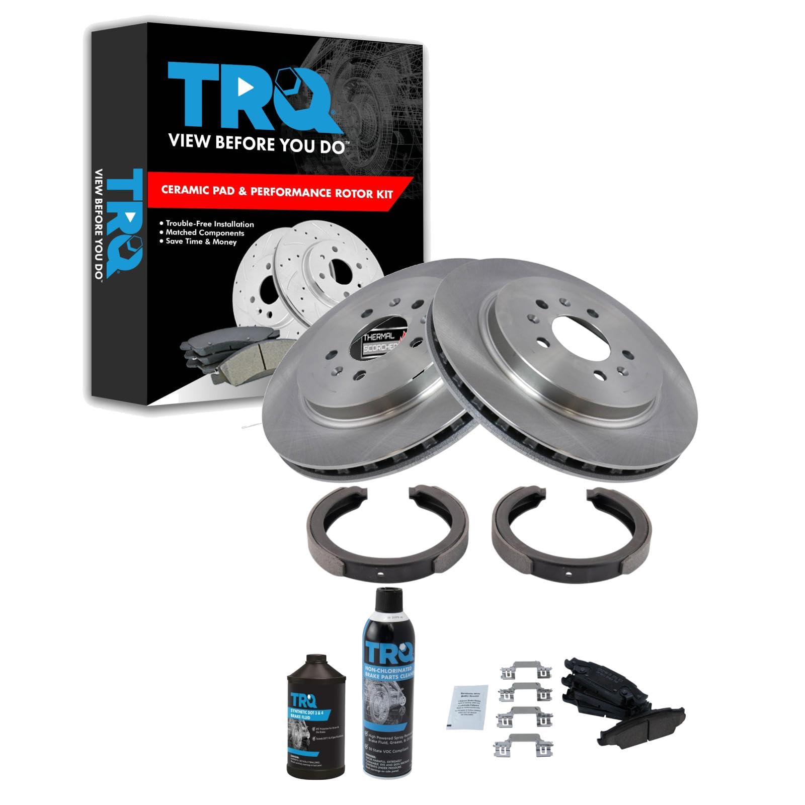 TRQ Rear Brake Pad &amp; Rotor Kit, with Chemical Kit Parking Brake Shoe Set Ceramic Compatible with 2005-2008 Cadillac STS